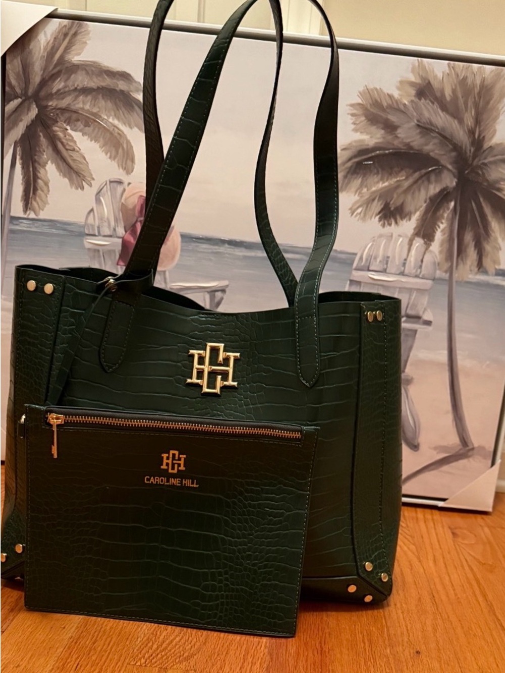 Caroline Hill Emerald Croc-Embossed Tote with Removable Pouch